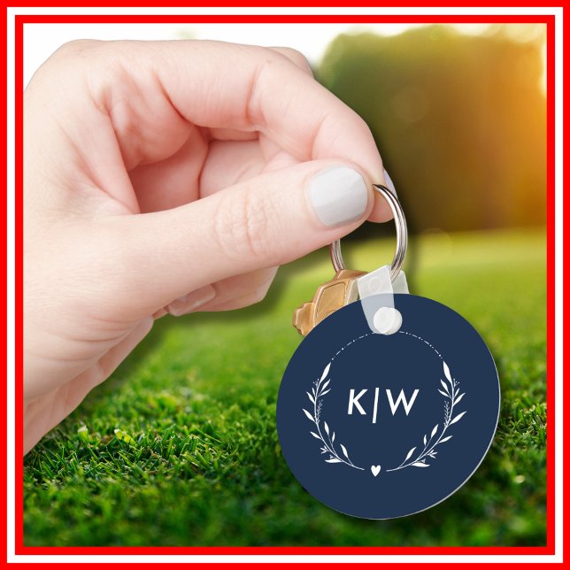 Navy Blue and White | Modern Initials Monogram Key Ring (Navy Blue and White | Modern Initials Monogram Keychain)
