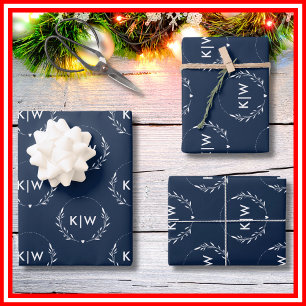 Navy Blue and White   Modern Initials Monogram  Wrapping Paper Sheet