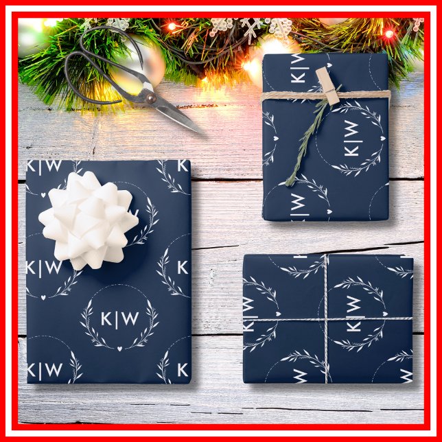 Navy Blue and White | Modern Initials Monogram  Wrapping Paper Sheet (Creator Uploaded)