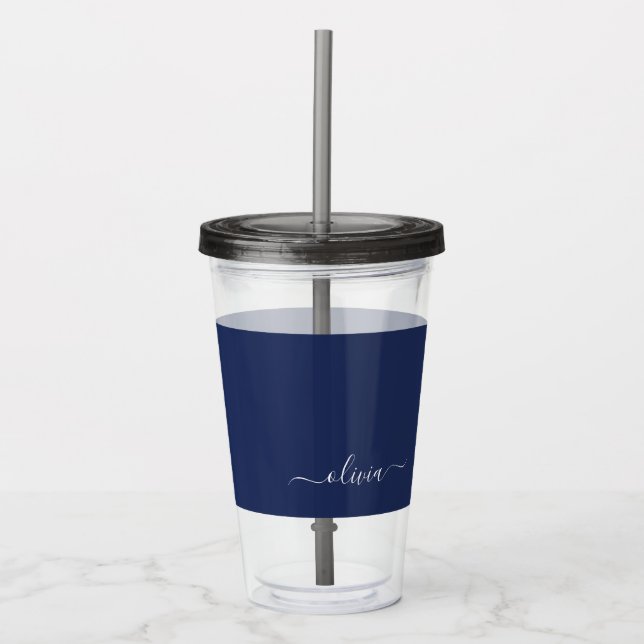 Navy Blue and White Modern Monogram Acrylic Tumbler (Front)