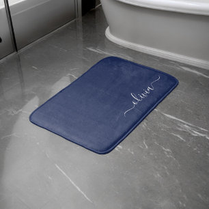 Navy Blue and White Modern Monogram Bath Mat