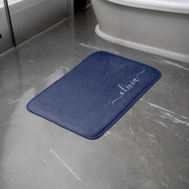 Navy Blue and White Modern Monogram Bath Mat (Creator Uploaded)