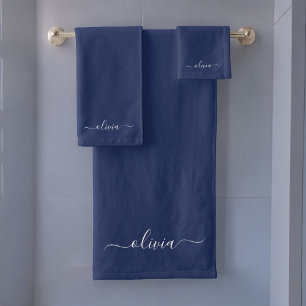 Navy Blue and White Modern Monogram Bath Towel Set