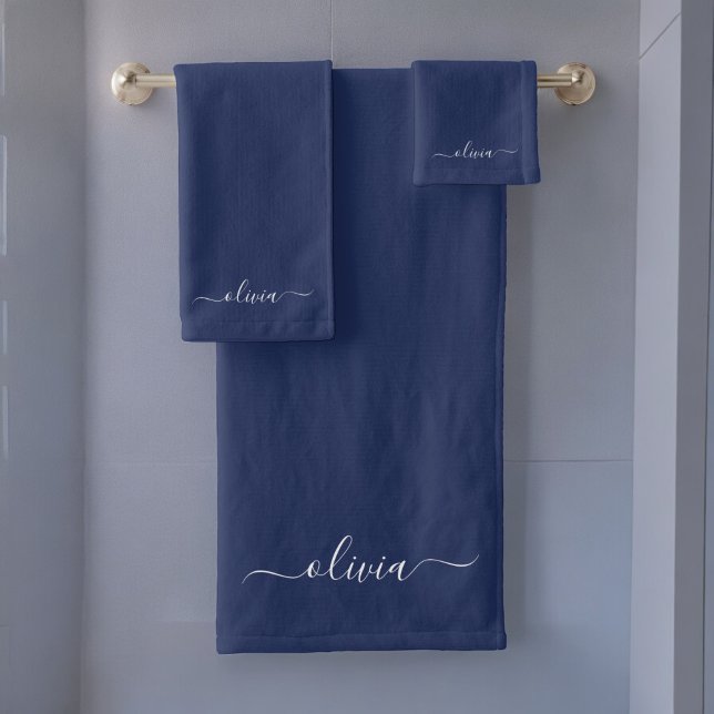 Navy Blue and White Modern Monogram Bath Towel Set (Creator Uploaded)