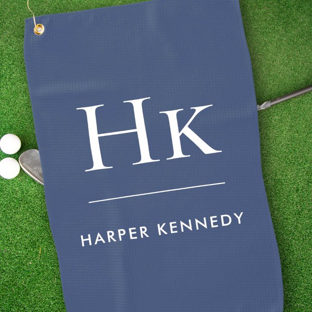 Navy Blue and White Modern Monogram Elegant Custom Golf Towel (Creator Uploaded)
