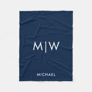 Navy Blue and White   Modern Monogram Fleece Blank Blanket
