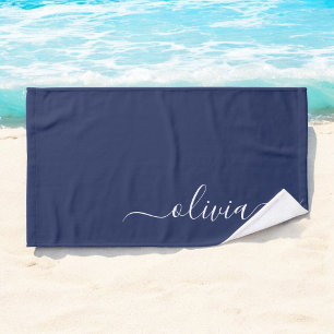 Navy Blue and White Modern Monogram Hand Towel