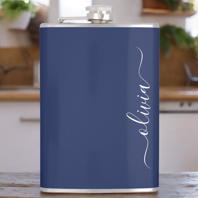 Navy Blue and White Modern Monogram Hip Flask (Creator Uploaded)