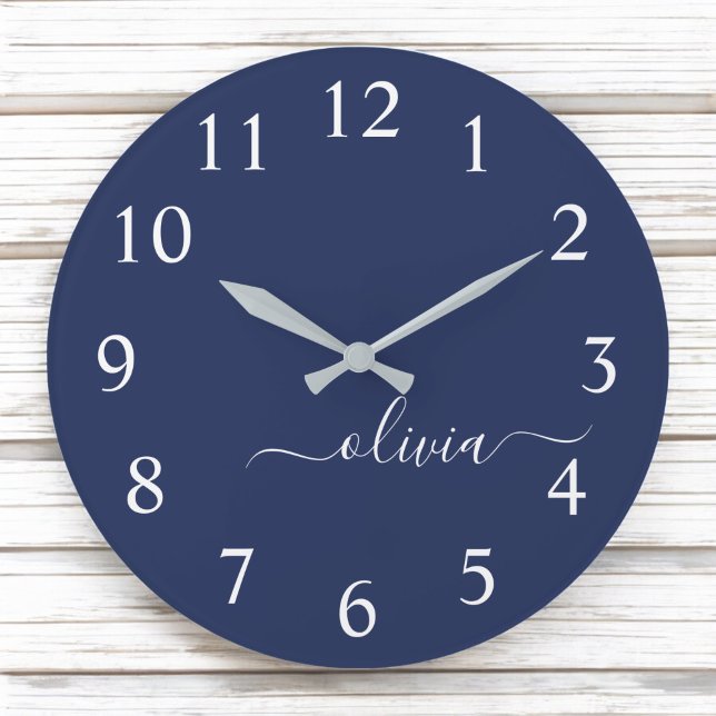 Navy Blue and White Modern Monogram Large Clock (Creator Uploaded)