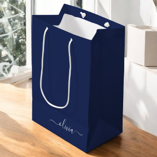 Navy Blue and White Modern Monogram Medium Gift Bag