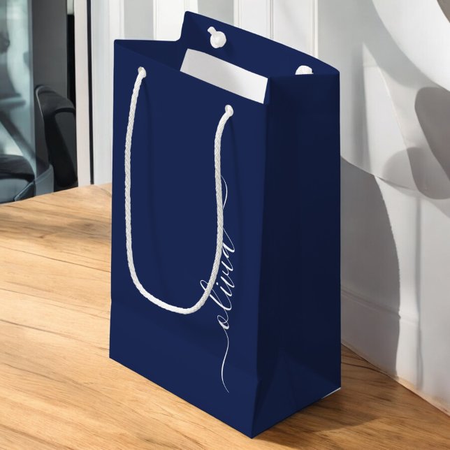 Navy Blue and White Modern Monogram Small Gift Bag (Creator Uploaded)