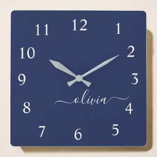 Navy Blue and White Modern Monogram Square Wall Clock