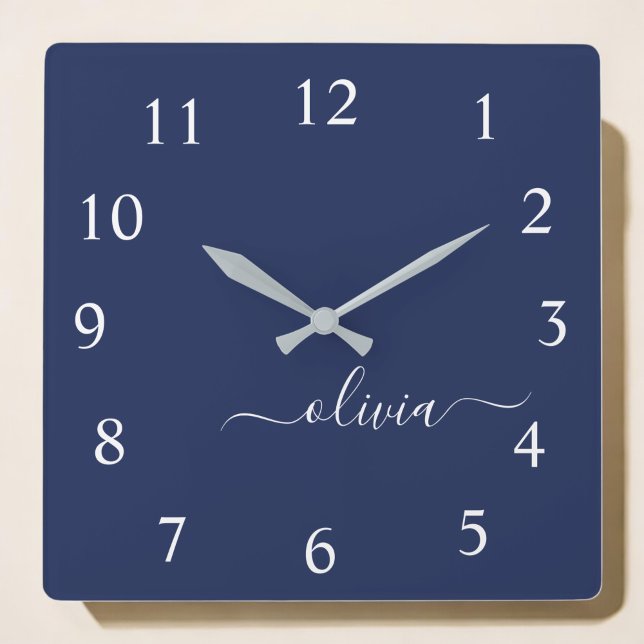 Navy Blue and White Modern Monogram Square Wall Clock (Creator Uploaded)