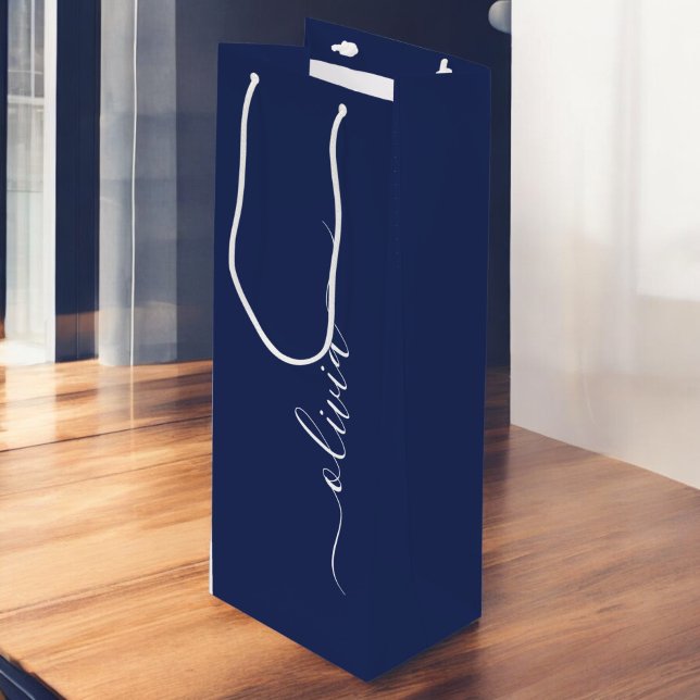 Navy Blue and White Modern Monogram Wine Gift Bag (Creator Uploaded)