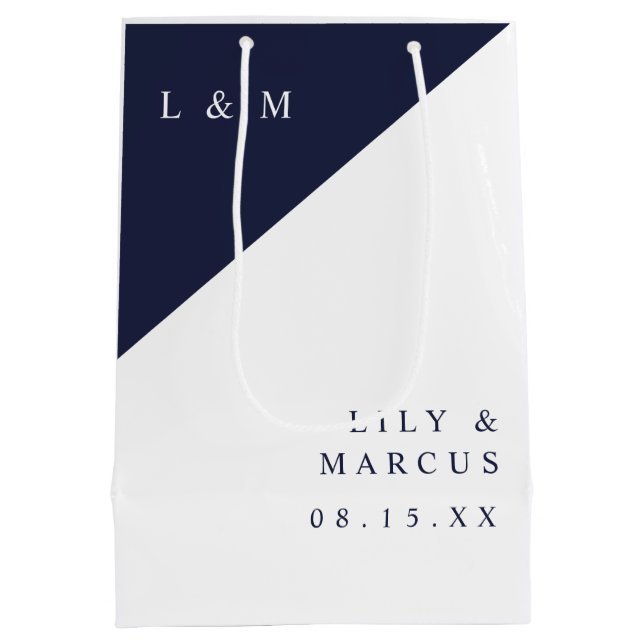 Navy Blue And White Mongoram Minimalist Wedding Medium Gift Bag (Back)