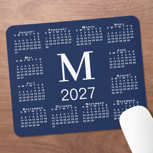 Navy Blue and White Monogram 2027 Calendar Mouse Pad (Navy Blue and White Monogram 2027 Calendar Mouse Pad in situ)