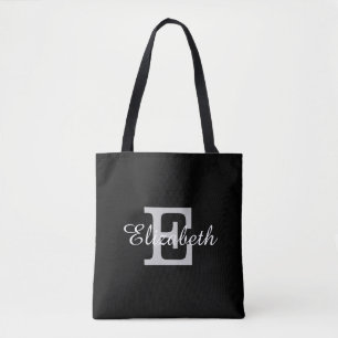 Navy blue and white monogram bridal tote bag