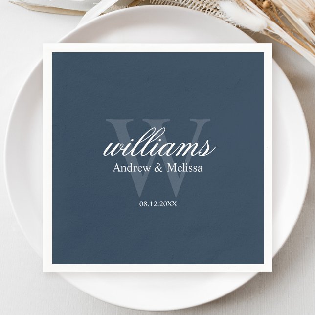 Navy Blue and White Monogram Wedding Napkin (Creator Uploaded)