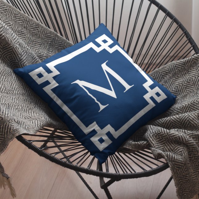 Navy Blue and White Monogrammed Greek Key Border Cushion (Create your own monogrammed Greek Key border square throw pillow.)
