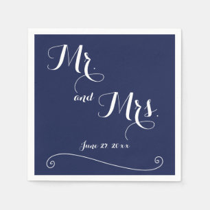 Navy Blue And White Mr. and Mrs. Wedding Napkins