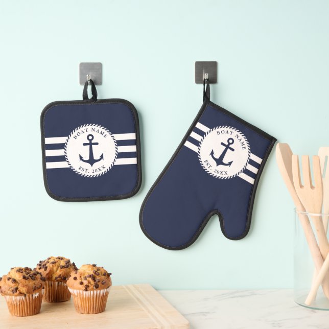 Navy Blue and White Nautical Anchor Boat Name Oven Mitt & Pot Holder Set (Insitu(Hanging))