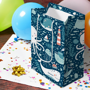 Navy Blue and White Nautical Ocean Pattern Boy Medium Gift Bag