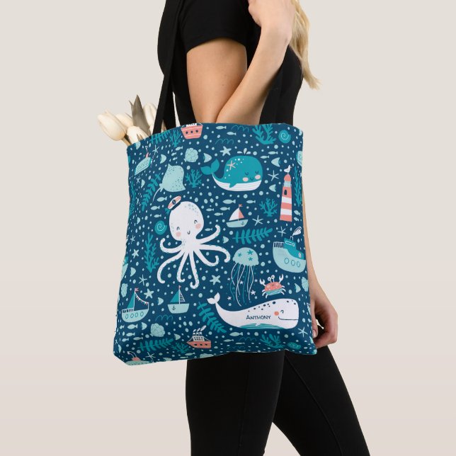 Navy Blue and White Nautical Ocean Pattern Boy Tote Bag (Close Up)