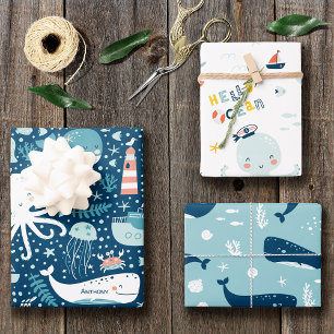 Navy Blue and White Nautical Ocean Pattern Boy Wrapping Paper Sheet