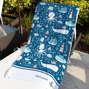 Navy Blue and White Nautical Pattern Boy Beach Towel