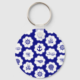 Navy Blue and White Nautical Pattern Key Ring