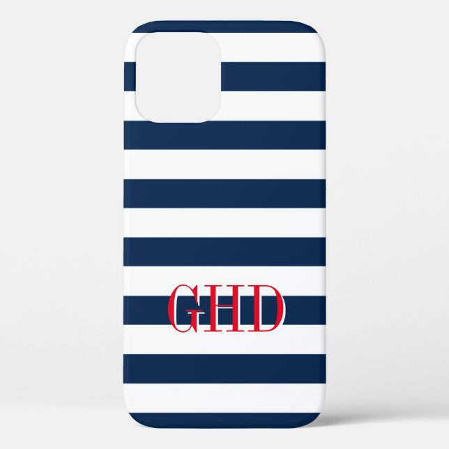 Navy blue and white nautical stripes custom name Case-Mate iPhone case (Back)