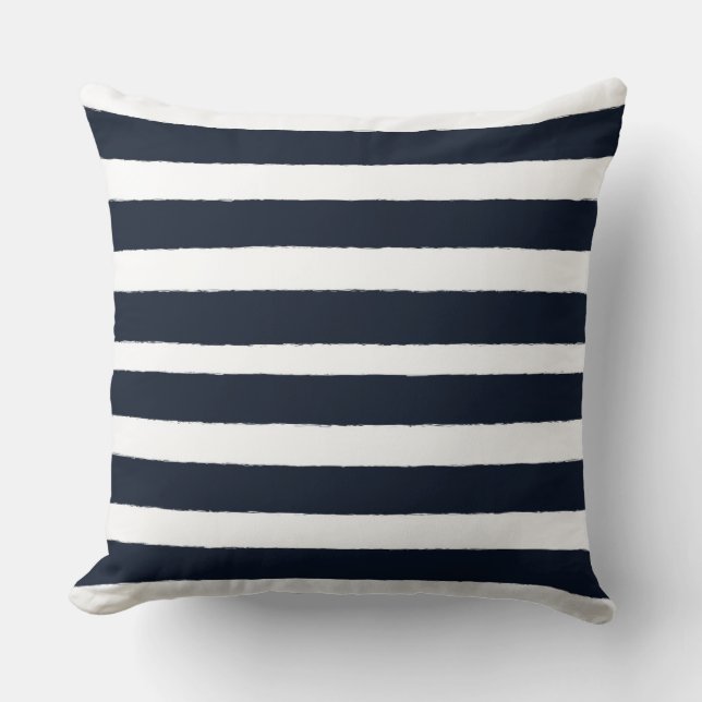 Navy Blue and White Nautical Stripes Throw Pillow (Front)