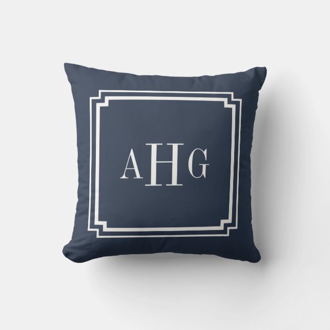 Navy Blue and White Notched Corner Custom Monogram Cushion (Front)
