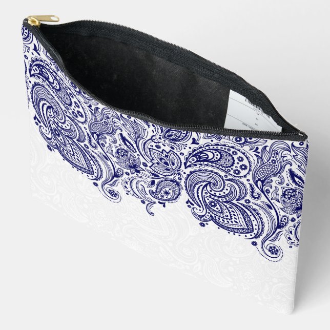 Navy Blue And White Paisley Lace Accessory Pouch (Open)