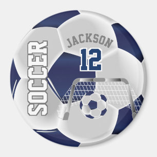 Navy Blue and White Personalise Soccer Ball Magnet