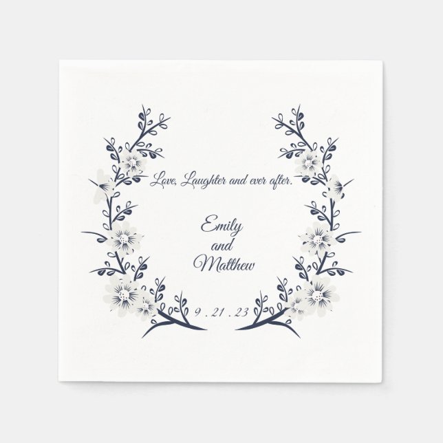 Navy blue and white Personalised wedding napkins (Front)