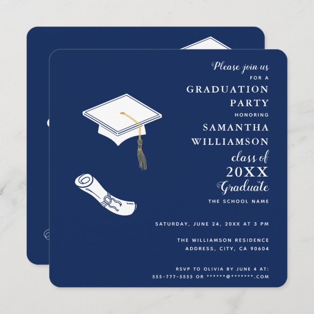 Navy Blue and White Photo Class of 2025 Graduation Invitation (Front/Back)