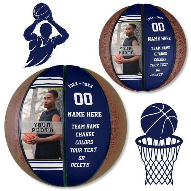 Navy Blue and White PHOTO Custom Mini Basketballs (Custom mini basketballs, no minimum.  Mini basketball trophies. Senior night basketball gift ideas.)