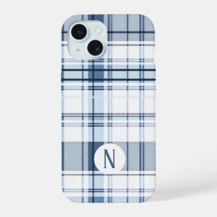Navy Blue and White Plaid Pattern iPhone 15 Case