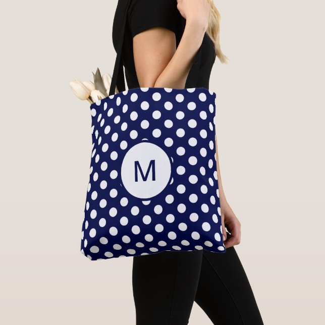Navy Blue and White Polka Dot Pattern Monogram Tote Bag (Close Up)