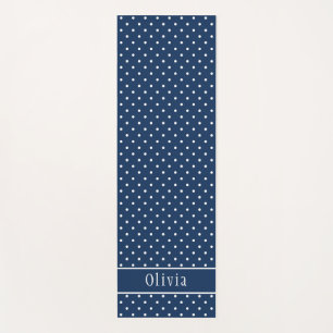 Navy Blue And White Polka Dots And Custom Name Yoga Mat
