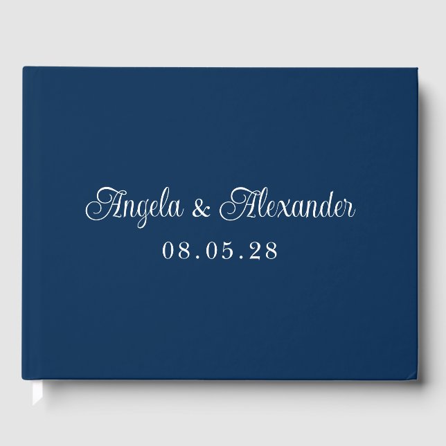Navy Blue and White Pretty Curly Script Wedding Guest Book (Front)