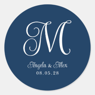 Navy Blue and White Pretty Curly Wedding Monogram Classic Round Sticker