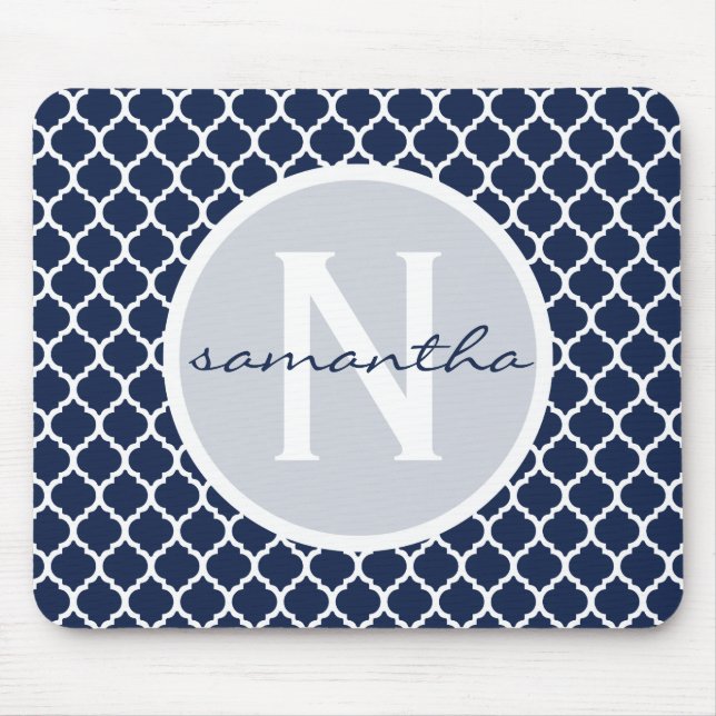 Navy Blue and White Quatrefoil Monogram Mouse Pad (Front)