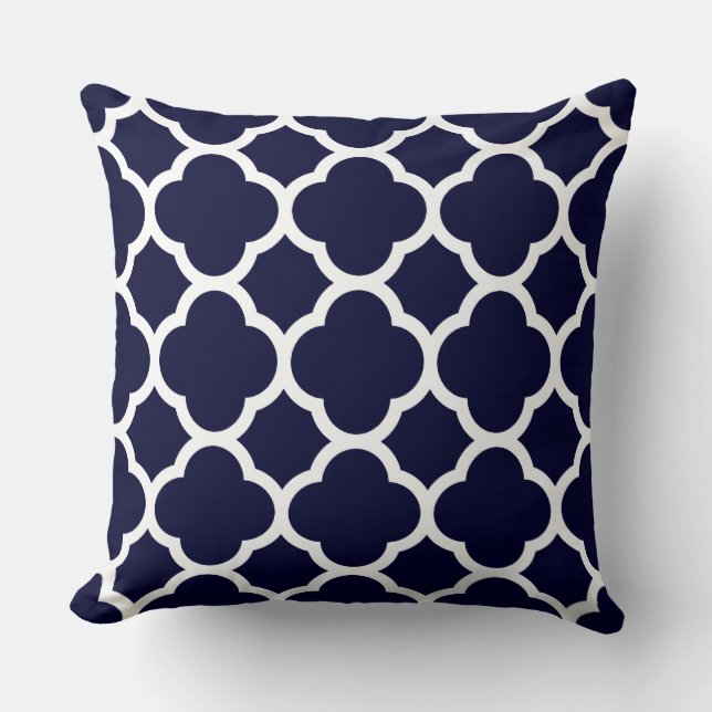 Navy Blue and White Quatrefoil Pattern Cushion (Front)
