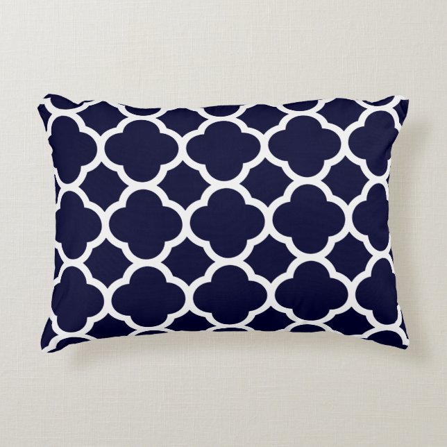 Navy Blue and White Quatrefoil Pattern Decorative Cushion (Front)