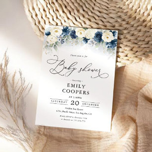 Navy Blue and White Roses Baby Shower Invitation