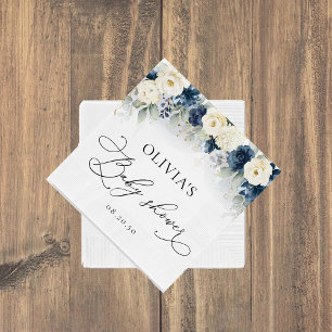 Navy Blue and White Roses Baby Shower Paper Napkin