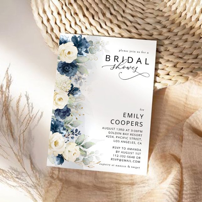 Navy Blue and White Roses Bridal Shower Invitation (Creator Uploaded)
