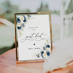 Navy Blue and White Roses Guest Book Sign